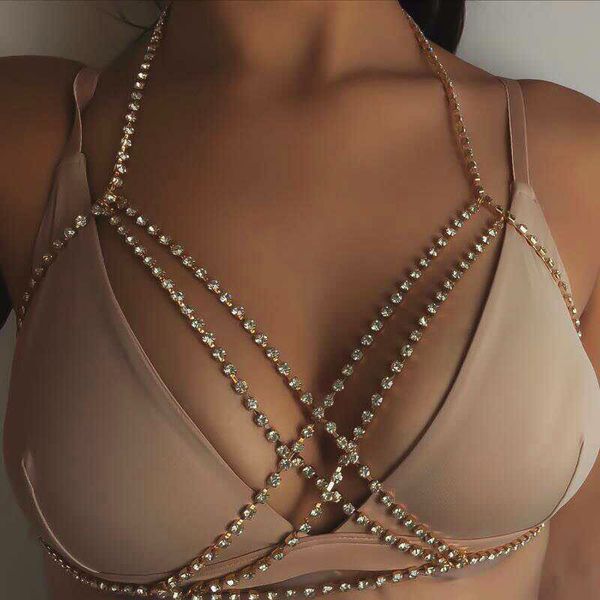 

new hot fashion simple super glittering beautiful full rhinestone bra body chain jewelry for night club woman multi layer gold silver colors