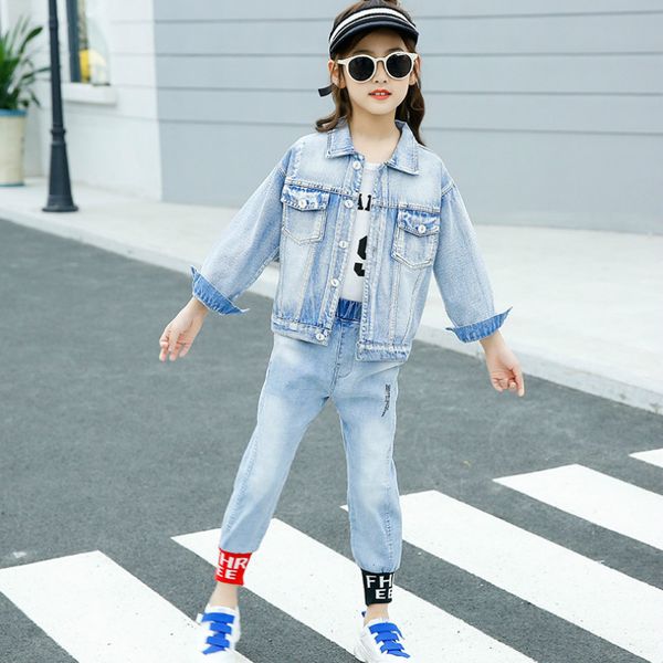 

girls and boys two-piece denim sets spring autumn 2019 children cowboy long sleeve blue jacket and pants kids casual outfits, White