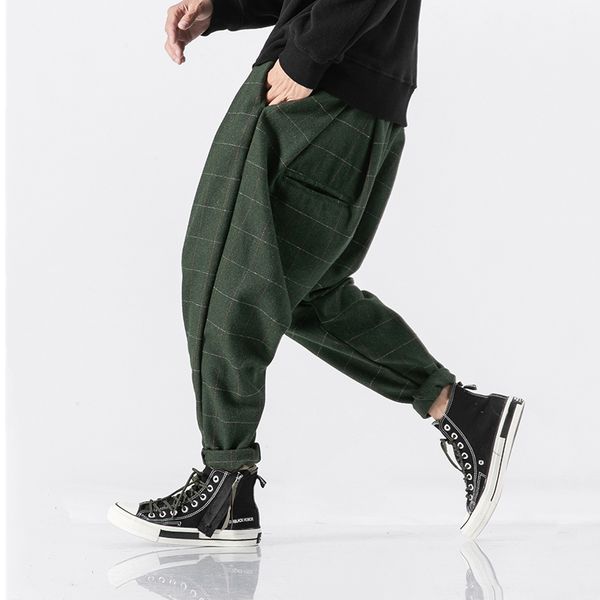 

new men plaid joogers pants mens wool loose thick japanese streetwear harem pants male vintage sweatpants trouser 5xl, Black