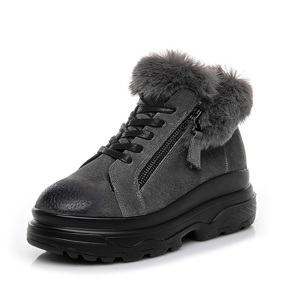 

genuine leather wedge shoes womens boots ankle short fashion 2019 winter women snow boots lady platform casual booties, Black