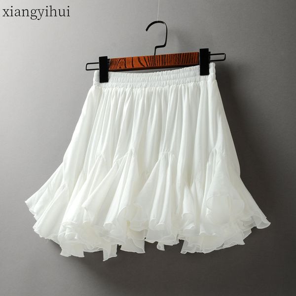 

fashion summer elastic high waist mini skirt women casual white ruffles chiffon skirt new preppy style woman black pleated