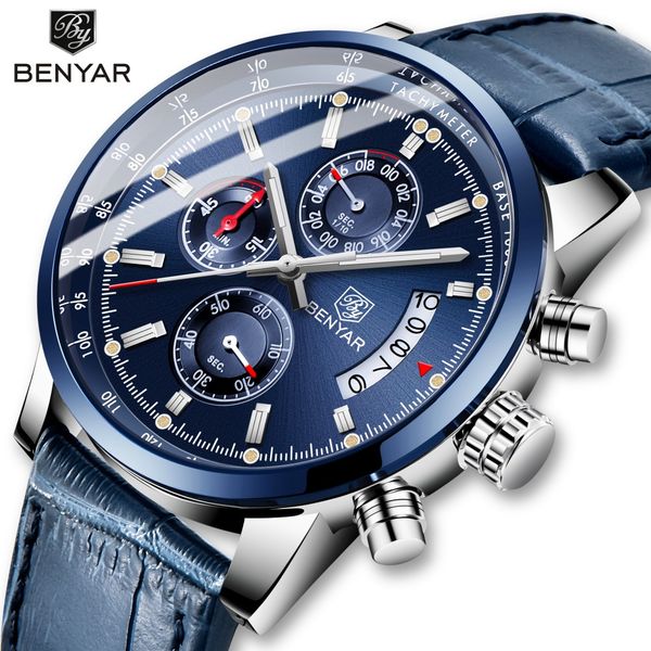 

benyar men's watch leather/blue watch men quartz sport watches mens casual fashion male waterproof wristwatch relogio masculino, Slivery;brown