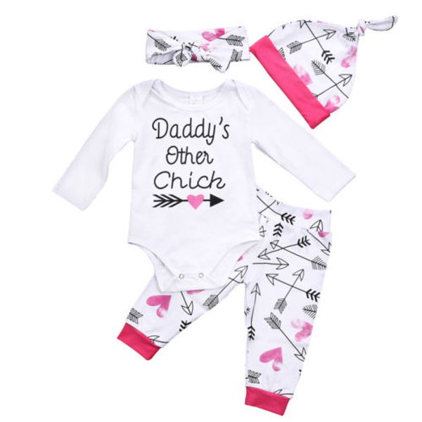 

baby clothing 4pcs newborn baby girls cotton long sleeve romper +arrow pants+ hat outfits set clothes, White