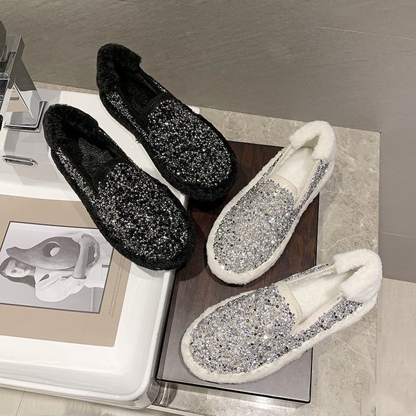 

winter shoes women loafers fur casual female sneakers women's moccasins flats crystal modis shallow mouth round toe slip-on, Black