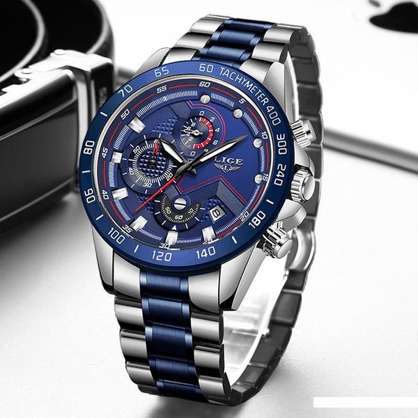 

2019 lige men watch stainless steel business clock chronograph army sport quartz male watches relogio masculino, Slivery;brown
