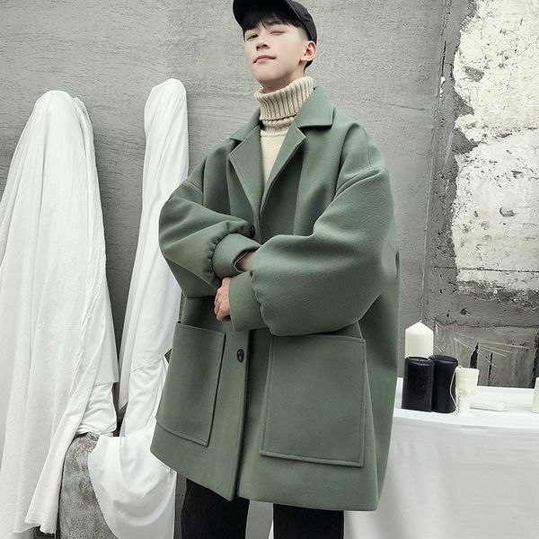 

autumn winter men's loose wool blends overcoat england style casual coat lapel mens coat solid 5 colors warm k07, Black