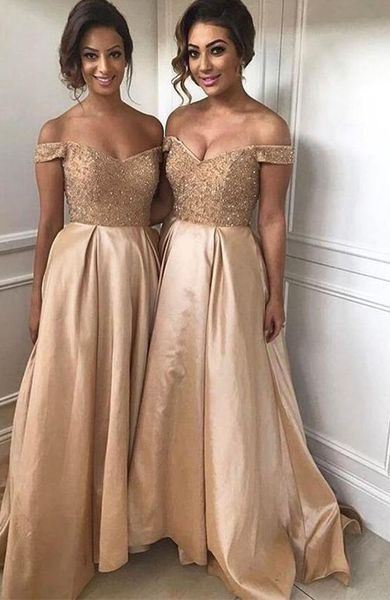 

pretty champagne beaded long prom dresses off shoulder 2020 saprkle sequin formal party dress honor of maid dress lace up ptom gowns, Black