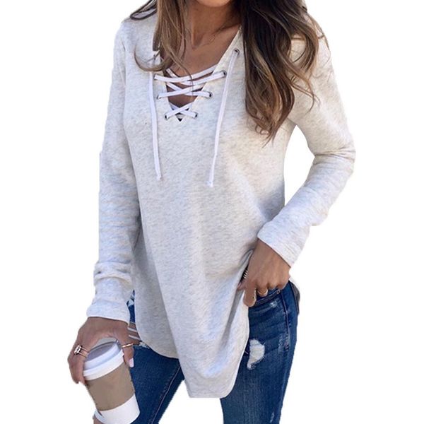 

womens designer clothes women shirt 2019 mode vrouwen met lange t herfst winter diepe v hals bandage shirts lace up tees, White