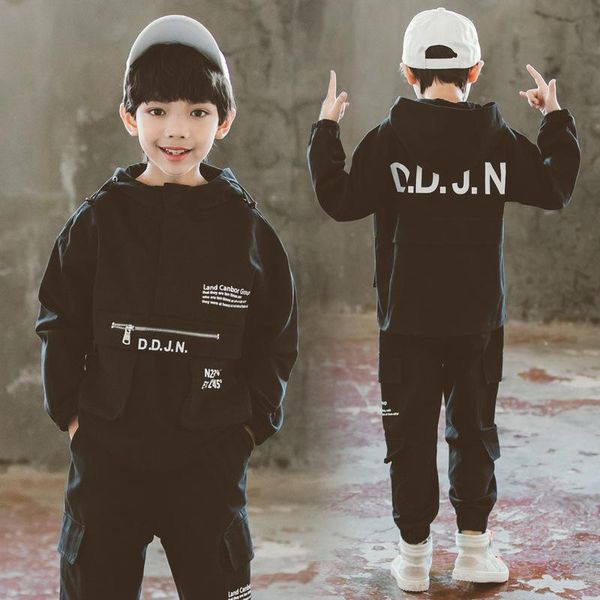 

мальчики осенний костюм новый детский свободный спортивный свитер + повседневные брюки в большой детской с капюшоном оснастки 2 комплекта, White