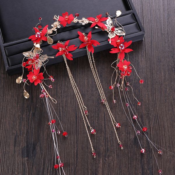 

2 pcs vintage gold red flower butterfly tiaras headbands tassel earrings handmade hairband headpiece wedding bridal hair jewelry, Golden;white