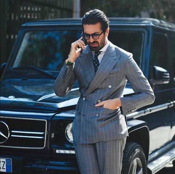 

new grey stripe mens suits for groom tuxedos peaked lapel slim fit blazer two piece jacket pants man tailor made clothing, White;black