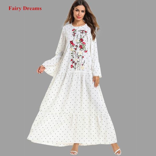 

women abaya turkish flowers embroidery white abayas muslim dress dubai dot print turkish kaftan islamic clothing plus size robe, Red