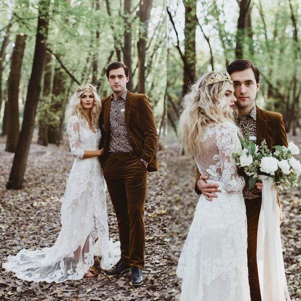 

retro bohemian lace sheath wedding dress vintage front slit rustic country bridal gowns long sleeves gybsy boho bride dress, White