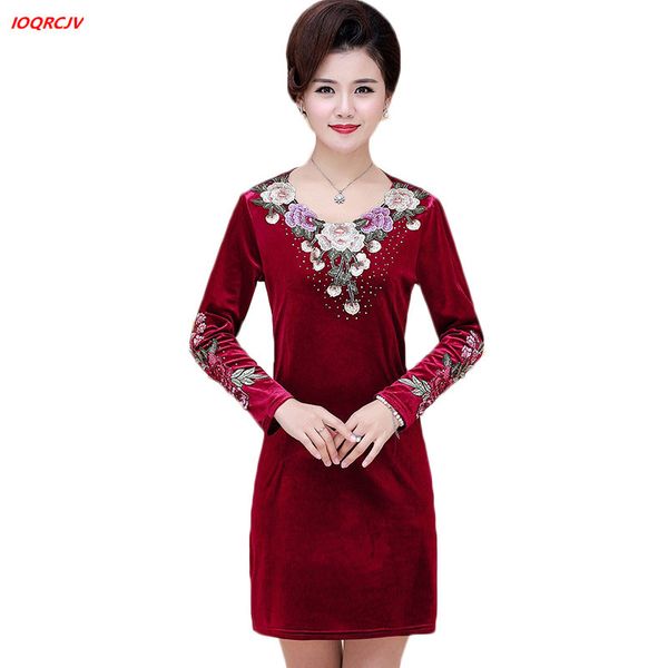 

плюс размер 5xl женщин золото velvet платье 2020 весна осень с длинными рукавами вышитые платье среднего возраста матери elegant w1754, Black;gray