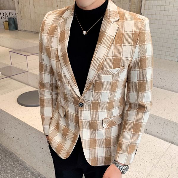 

autumn clothes business mens slim fit blazers 3xl mens plaid blazers khaki social jackets office dress check, White;black