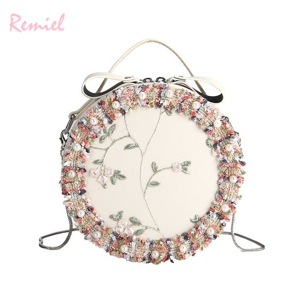 

lace embroidery women bag 2018 new quality pu leather women's designer handbag round tote bag flower pearl chain shoulder bags