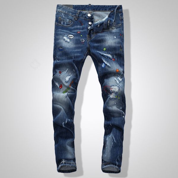 

2019 fashion designer mens ripped biker skinny jeans leather jeans de designer pour hommestrend wash pants 28-40, Blue