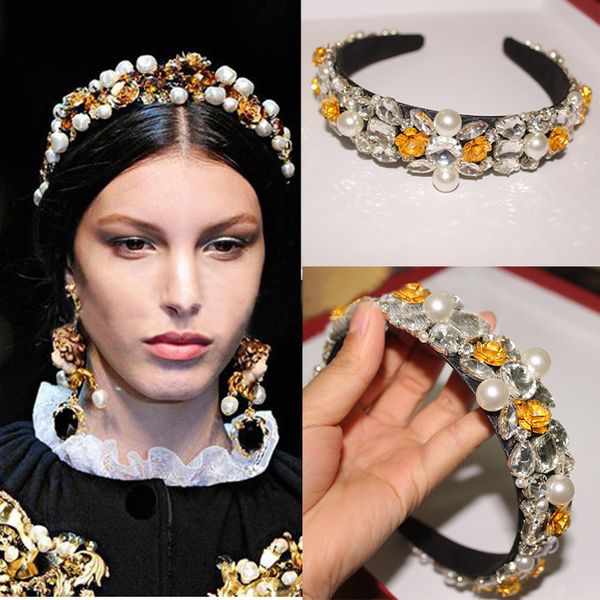 

woman headdress tiara wedding hair accessories crystal pearl baroque headband party wedding headband bridal hairbands jewelry, Golden;white