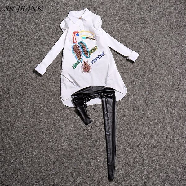 

женская весна осень костюмы bohemian блестки нерегулярные печати рубашки повседневные slim fit длинные кожаные штаны 2 шт наборы sr424, White