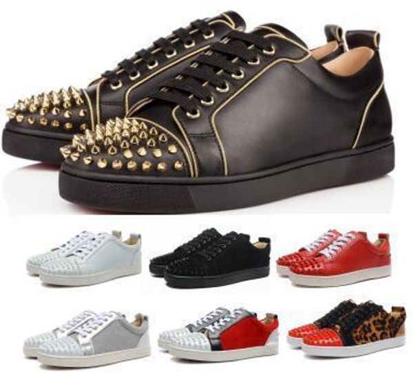 

designers red bottom studded spikes orlato flat 2019 casual loafer sneakers men womens gold low genuine leather junior luxury fashion shoes, Black