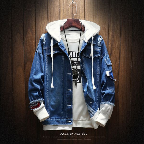 

men's spring bomber jackets frayed two pieces patchwork denim hooded jacket causal worn hole coat outwear male oversized 4xl, Black;brown