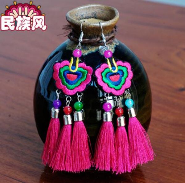 

national style embroidery, retro, exaggerated fashion, long fringe of earrings, Silver