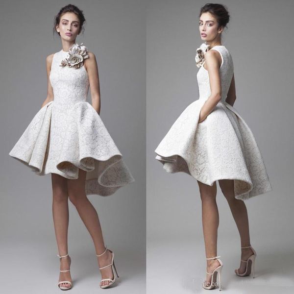 

Short Lace Wedding Dresses Krikor Jabotian Jewel Sleeveless High Low Wedding Dresses Short A-Line Beach Bridal Gowns With Flower