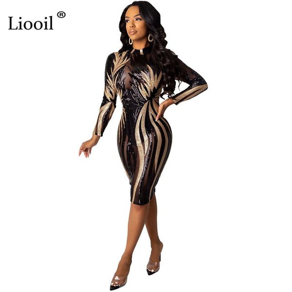 

black and gold sequin dress mesh bodycon midi club outfits 2020 long sleeve see through tight dresses woman party night mx200508, Black;gray