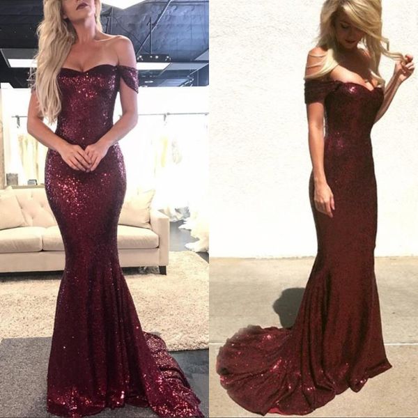 

sparkly burgundy sequin prom evening dresses 2019 off the shoulder capped sleeves zipper back mermaid gowns, Black