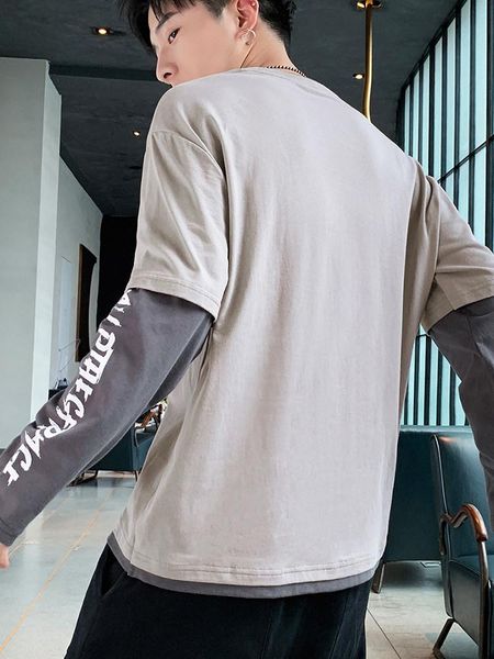 

2020 весной и осенью новые мужские с длинными рукавами футболки тенденции одежды корейской версии свитер подделкой два дна рубашки, Black