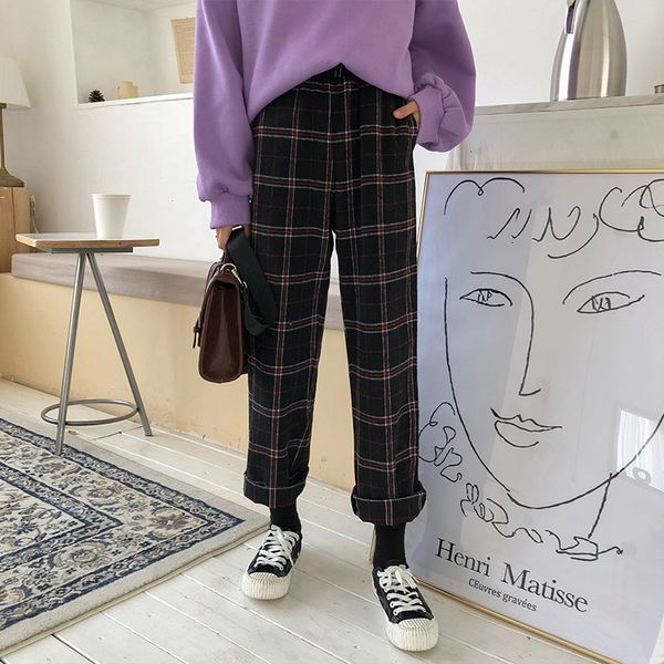 

ladies pants korean kawaii flare womens ulzzang loose plaid wild plus velvet nine pants casual students female cute japanese harajuku, Black;white