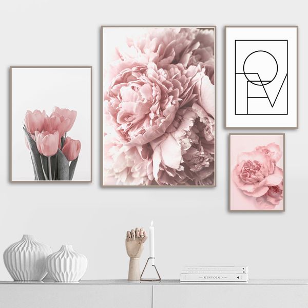 

pink peony tulips rose flower wall art canvas painting nordic minimalism posters and prints wall pictures for living room decor
