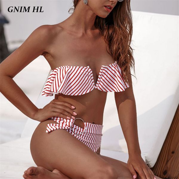 

gnim high waist bandeau bikini mujer 2019 new ruffle swimwear v neck striped swimsuit women brazilian biquini bathing suit