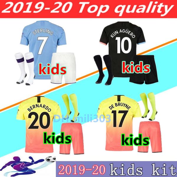 

19 20 manchester jesus de bruyne kun aguero kids kit city soccer jerseys 2019 2020 sane mahrez child boy football jersey shirt uniforms, Black