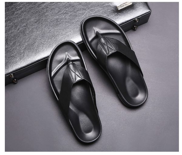 

summer comfortable genuine leather flat slipper men rome men breathable flip flops, Black