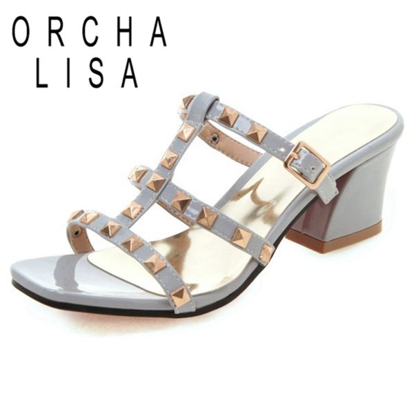 

orcha lisa 2020 summer female slippers open toe 5.5cm hoof heels belt buckle rivets size 33-43 leisure party c1799, Black