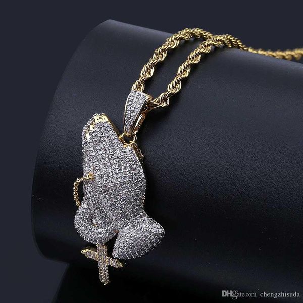 

whosale hip hop brass gold color iced out cz praying hands cross pendant necklace jewelry for men women, Silver