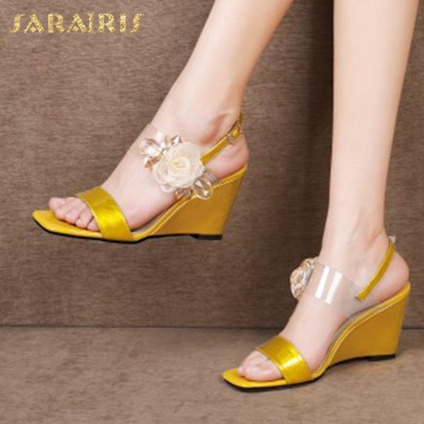 

sarairis new arrivals 2020 genuine leather wedge high heels summer shoes woman sandals buckle strap party sandals women shoes, Black