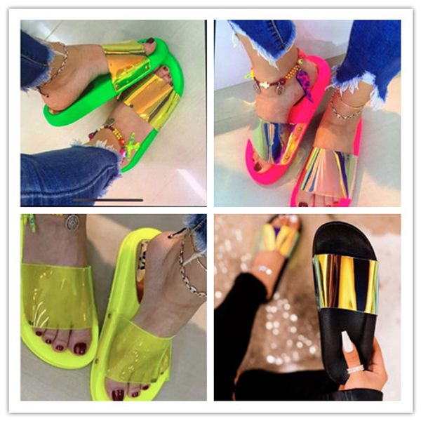 

send 2019 fashion female sandals candy color pvc sequin mirror reflective beach slippers ladies flat slippers, Black