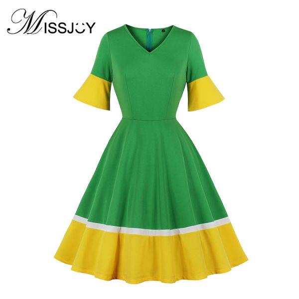 

casual dresses missjoy woman dress with short sleeves 2021 summer a-line knee-length patchwork vintage elegant party ladies green yellow, Black;gray