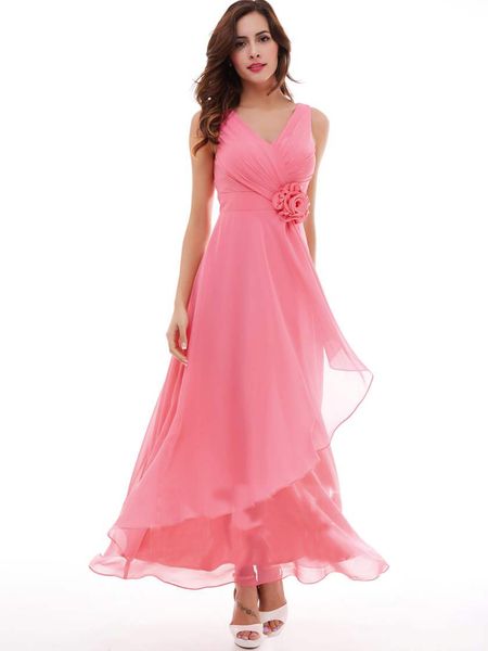 

Sexy Deep V Neck Mermaid Evening Dresses 2019 A-Line Floor-Length Pleated Chiffon Flower Sleeveless Long Prom Party Dress Custom Made