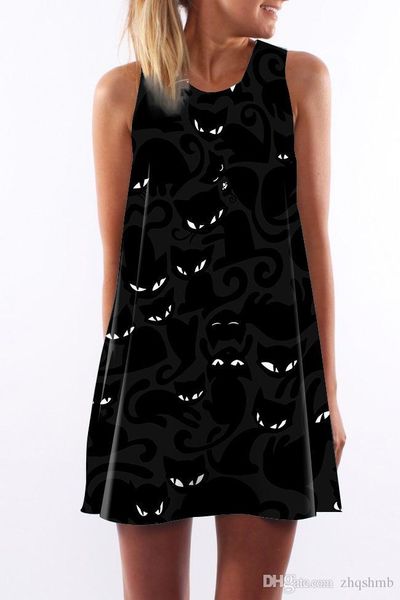 

women dress crew neck summer new style sling sleeveless hip wrap lady small black cat print skirt casual pencil dresses size s-xl, Black;gray
