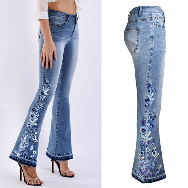 

новое прибытие женские брюки клеш женские сексуальные джинсы узкие женщин высокой талией стыковой lif джинсовые брюки мода stretch вышитые д, Blue