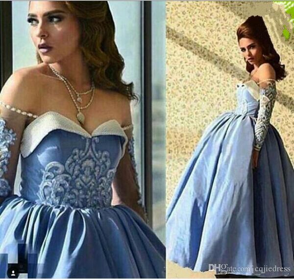 

2019 new blue prom dresses ball gown off the shoulder beaded sweetheart neckline illusion long sleeves ankle length taffeta evening gowns, Black;red