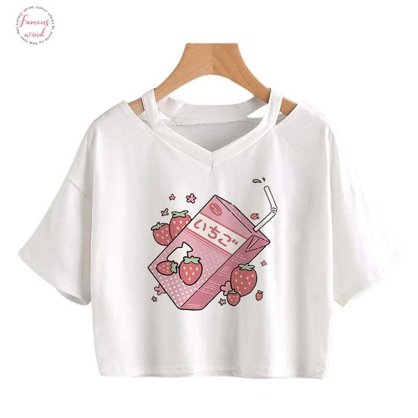 

новая женская футболка лето v шеи harajuku short tee love heart milk box печатается с коротким рукавом crop топов топов клубничной моды, White