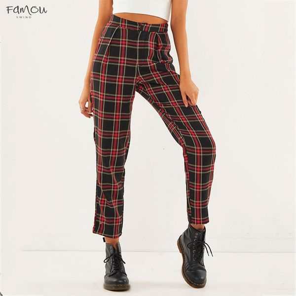 

Autumn Cotton Straight Mid Pants With Zipper Casual Loose Plaid Ankle-Length Waist Mid Trousers Women Pantalon Mujer Ql4173