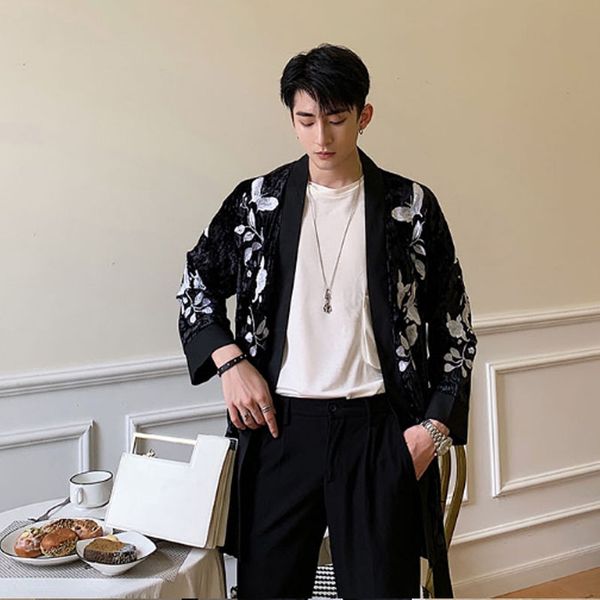 

men embroidered trench jacket male women streetwear fashion hip hop kimono cardigan coat spring autumn shirt style outerwear, White;black