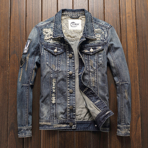 

bonjean mens biker vintage motorcycle distressed blue racer denim jacket ripped patch hole casual slim fit coat drop shipping, Black;brown