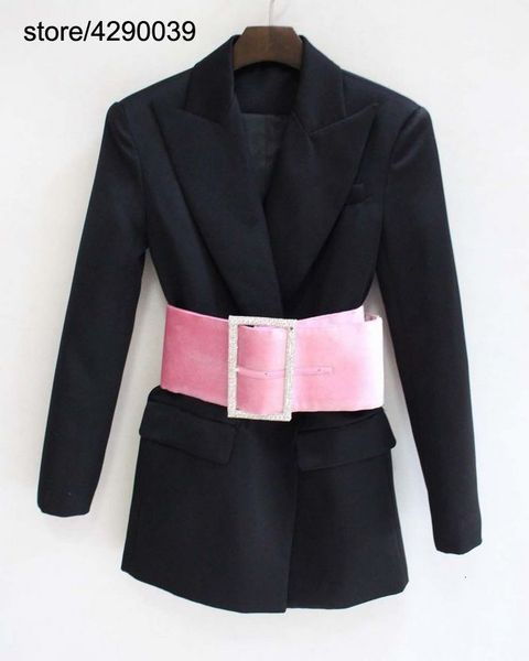 

fashion women black blazer coat female slim coat with wide pink belt