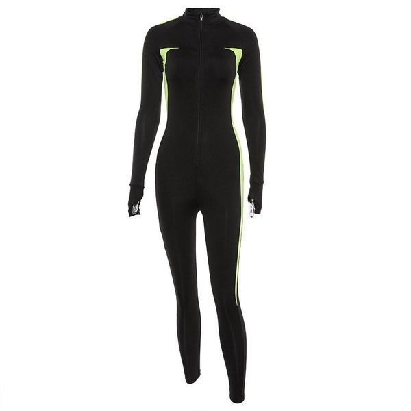 

люминесцентные цвета лоскутное женское push up фитнес комбинезоны осень зима женщины полный рукав молния водолазка комбинезон, Black;white